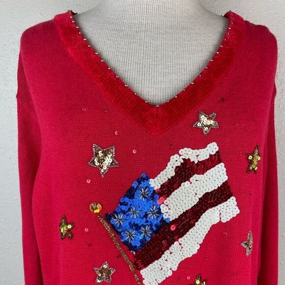Quacker Factory American Flag V-Neck Sweater Size 1X - Picture 2 of 8